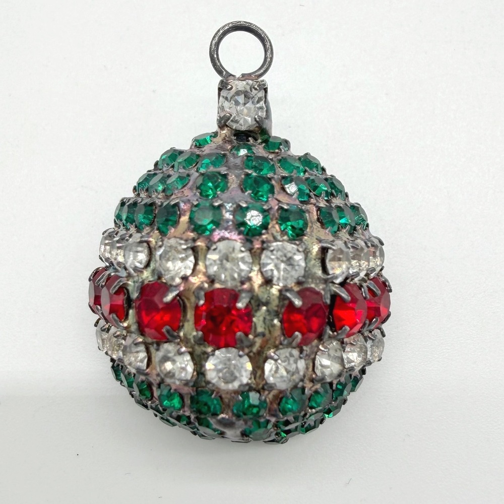 Vintage Bauer Christmas Ornament Brooch Pendant Red Green Rhinestone Pin Silver